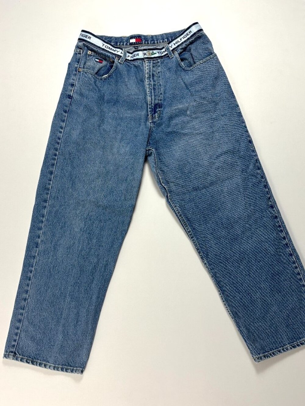 Vintage Y2K Mens Tommy Hilfiger Wide Leg Denim Jeans Size 36 x 30 Waist Spellout